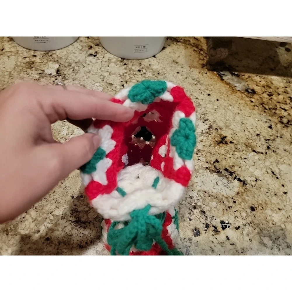 Vintage Granny Square Christmas Stocking Hand Crochet Red White Green Mini
